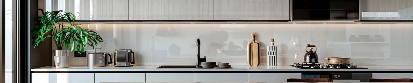 Moderne Kücheneinrichtung mit Geräten und Dekoration Helle, moderne Küche mit Toaster, Wasserkocher, Topfpflanze und Kochutensilien auf einer Arbeitsplatte.