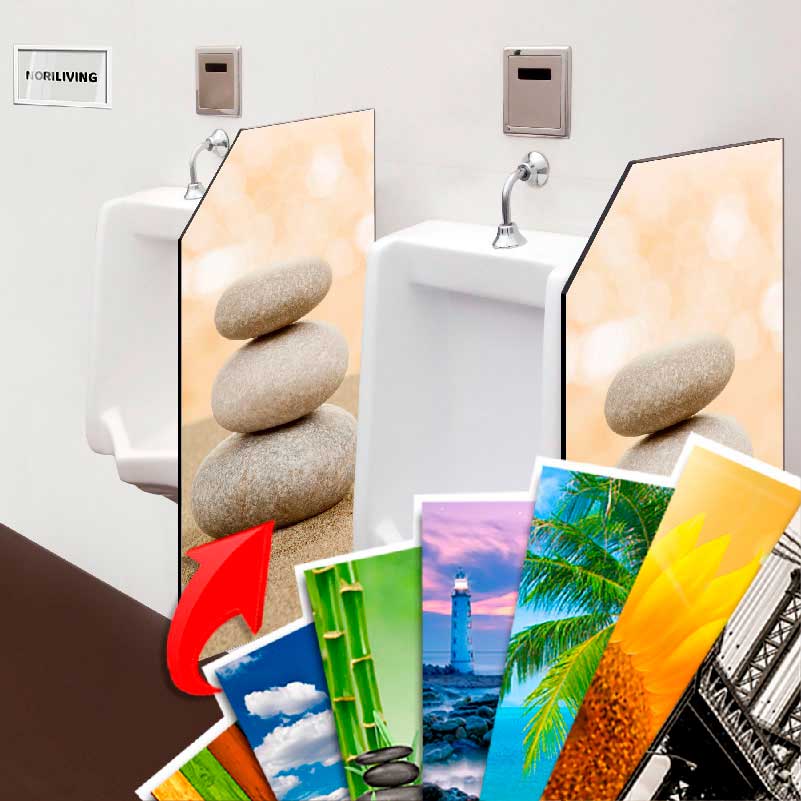 Urinaltrennwände mit gestapelten Steinen und weiteren Naturmotiven