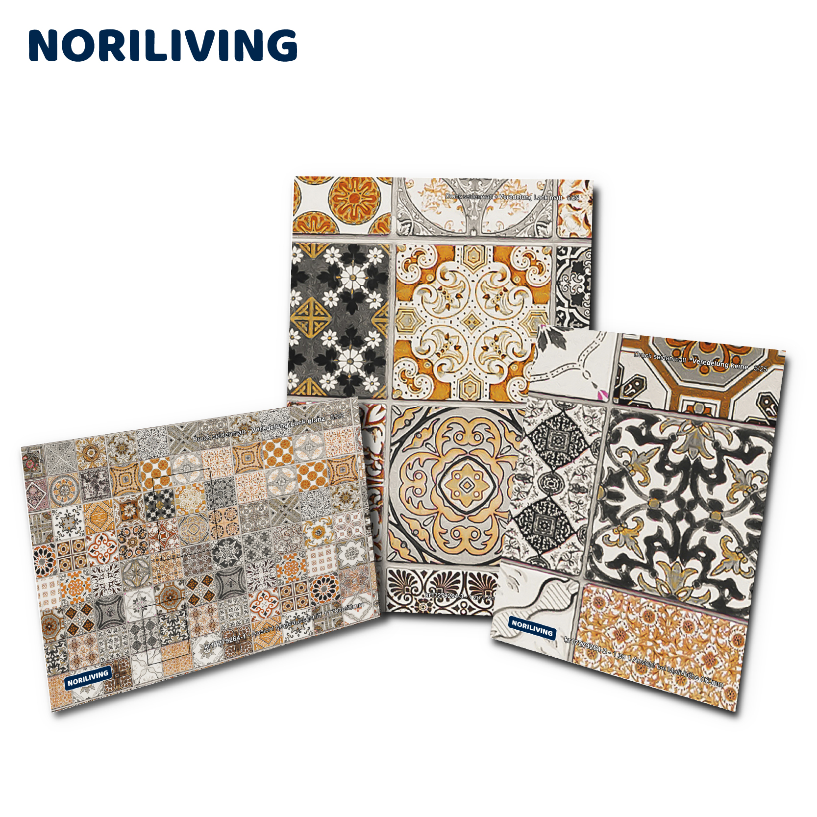 Verschiedene dekorative Fliesenmuster von NORILIVING Drei Sets von Fliesen mit unterschiedlichen dekorativen Mustern und Farben, erhältlich bei NORILIVING