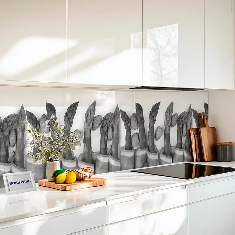 Küchenrückwand Echtglasoptik Profiline grüner Spargel mit Schinken 143 schwarz-weiß