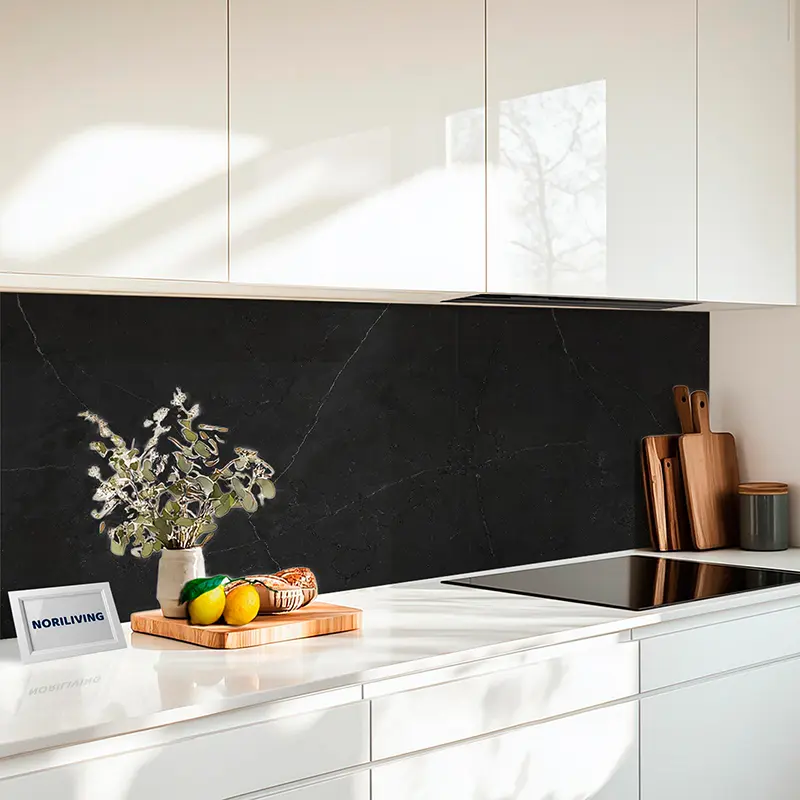 Fliesenfolie Premium Marmorstruktur dunkelgrau mit orangen Rissen 008 schwarz-weiß