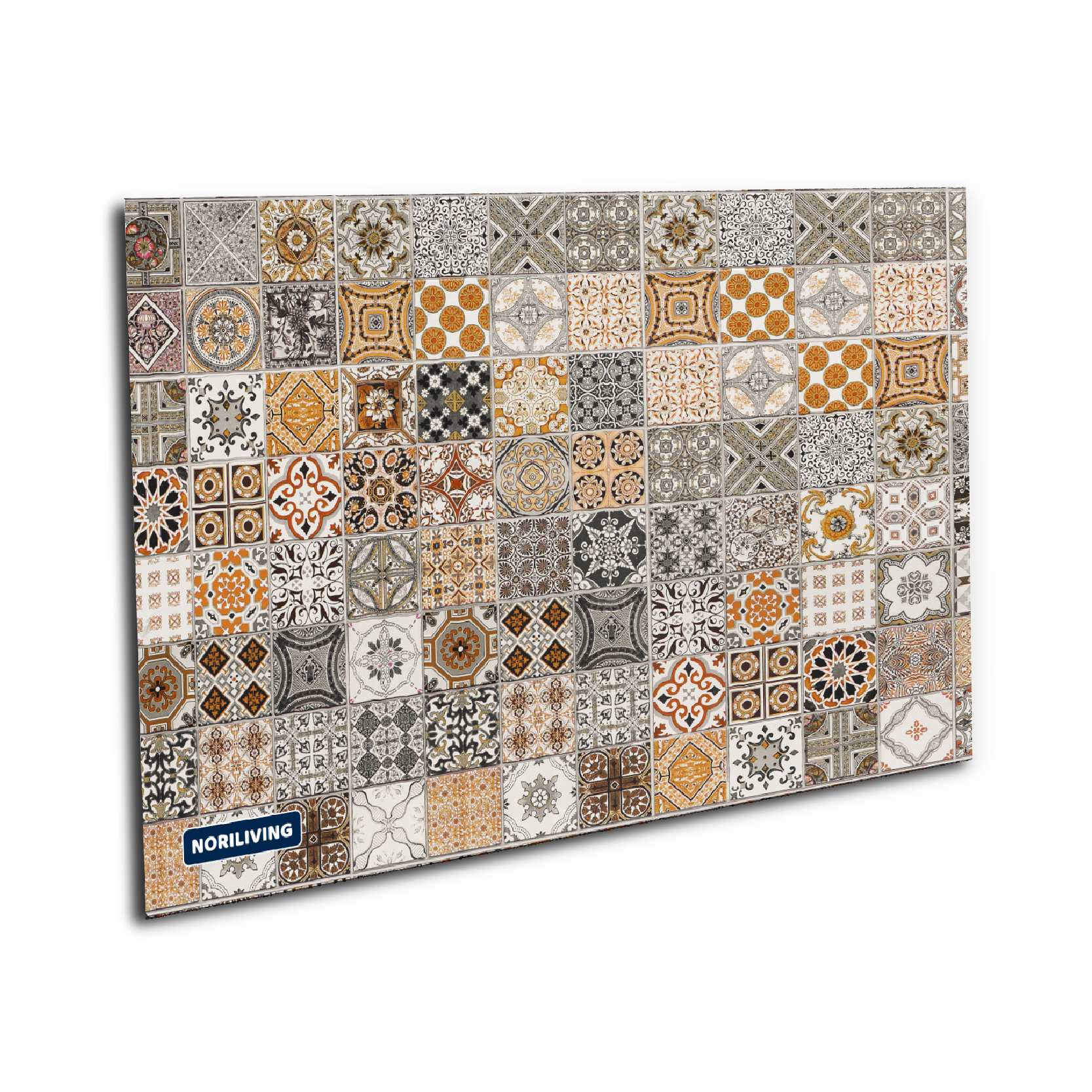 Dekorative Wandtafel mit Vintage-Fliesenmuster in Orange und Grau Wandtafel mit verschiedenen Vintage-Fliesenmustern in Orange, Grau und Weiß, von Nori Living