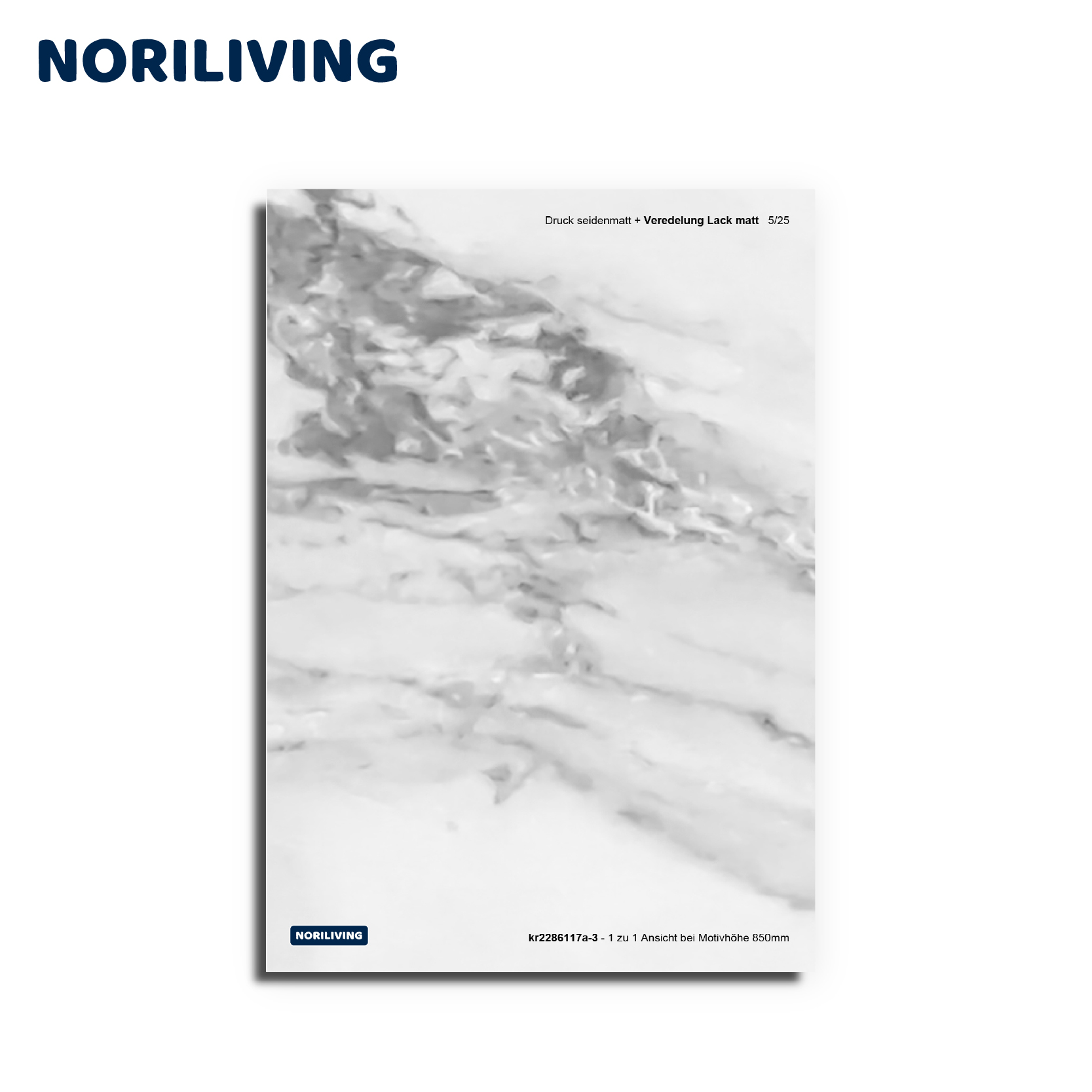 Seidenmattes Druckdesign mit matter Lackveredelung von NORILIVING Rückseite eines seidenmatten Drucks mit mattem Lack von NORILIVING, Marmormuster