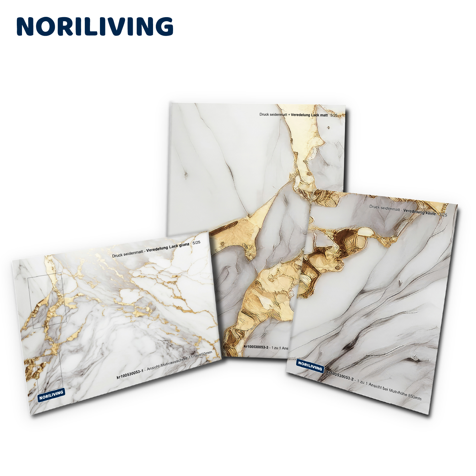 Luxuriöse Marmor-Musterplatten mit Goldakzenten von NORILIVING Drei elegante Marmorplatten mit goldenen Akzenten von NORILIVING
