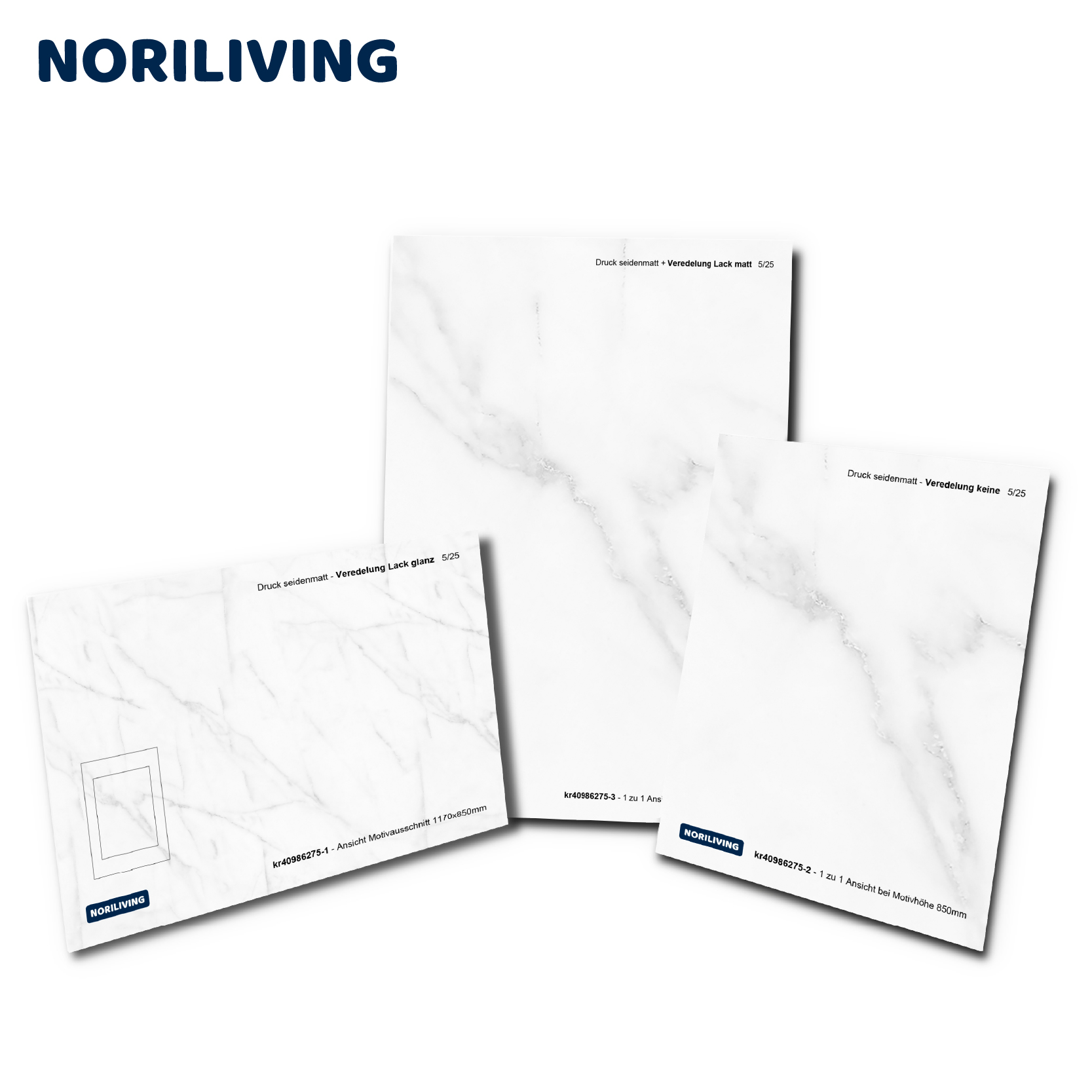 Noriliving Marmor-Dekorplatten in verschiedenen Größen Drei Noriliving Marmor-Dekorplatten, seidenmatt und glänzend, in verschiedenen Formaten