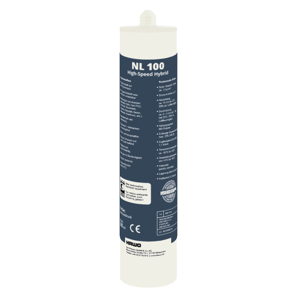 Kleber Kartusche NL 100 High-Speed Hybrid 290 ml Kleber Kartusche NL 100 High-Speed Hybrid mit technischen Daten auf blauem Hintergrund