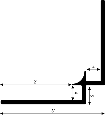 Technische Zeichnung eines schwarzen Winkelprofils, Maße: Breite 21 mm, Gesamtlänge 31 mm, Höhe 5 mm, Biegung 4 mm.