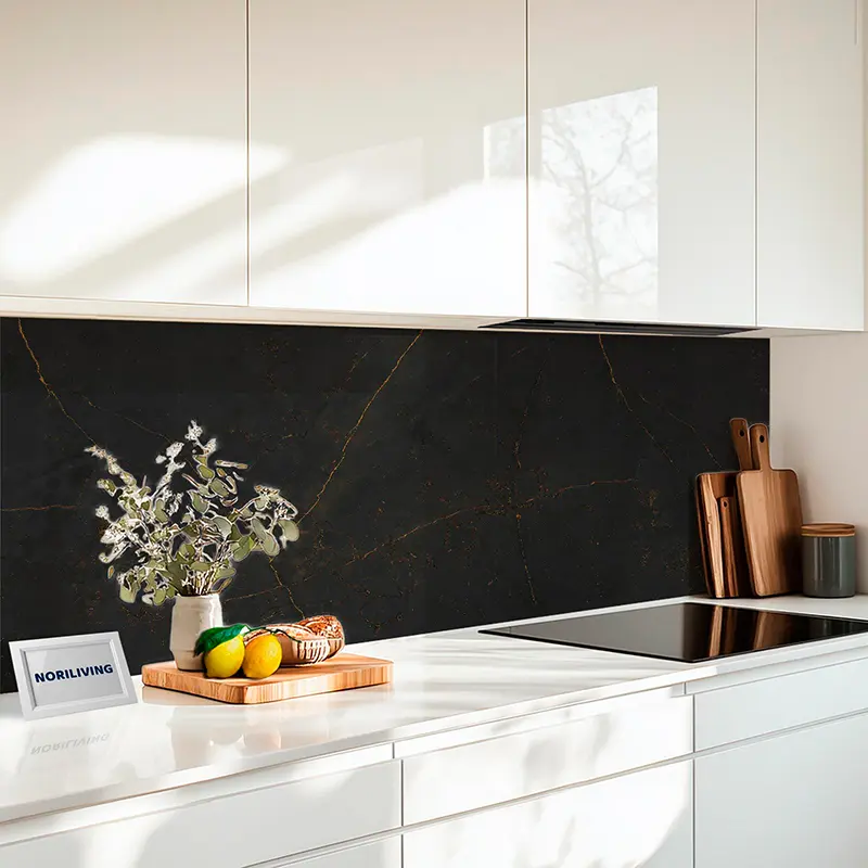 Fliesenfolie Premium Marmorstruktur dunkelgrau mit orangen Rissen 008