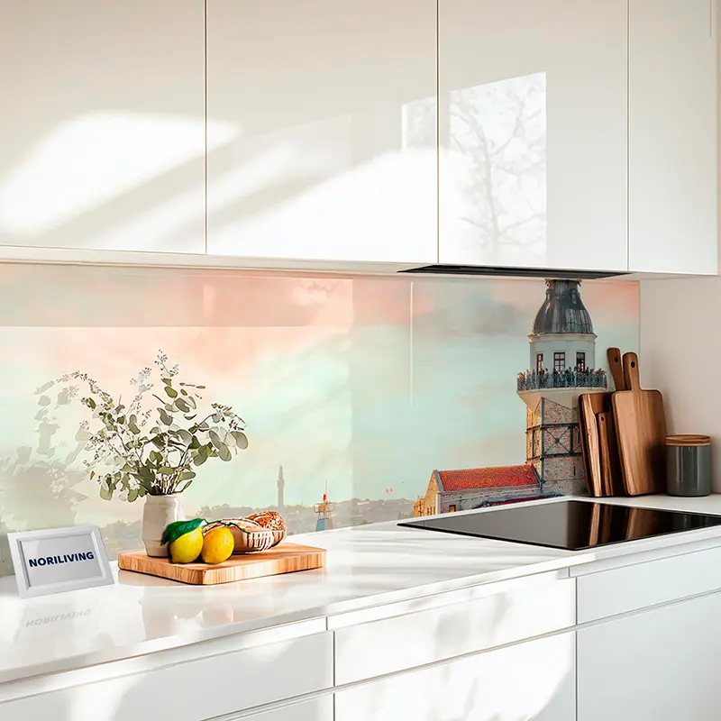 Küchenrückwand Alu Jungfernturm im Wasser mit pinkem Himmel in Istanbul 422