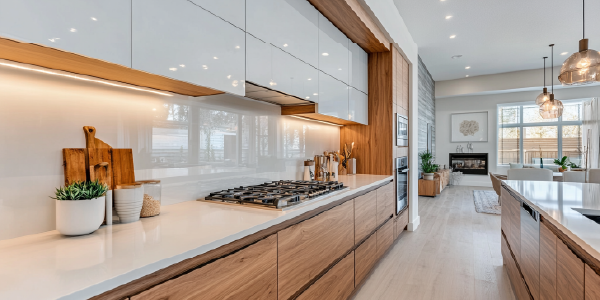 Moderne Küche mit Holz- und Weißtönen Offene und stilvolle Küche mit Holzunterschränken, weißen Oberschränken und modernen Hängelampen in einem hellen Raum.