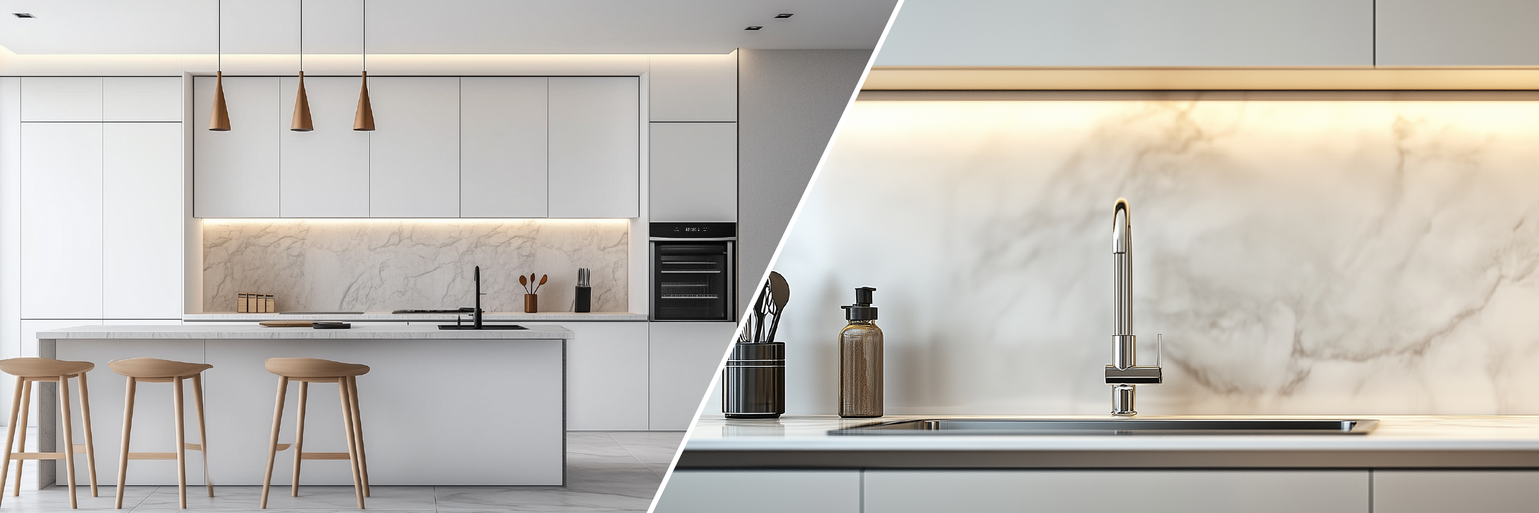 Moderne, weiße Küche mit Aluverbund-Rückwand in Marmoroptik und integrierter LED-Beleuchtung.