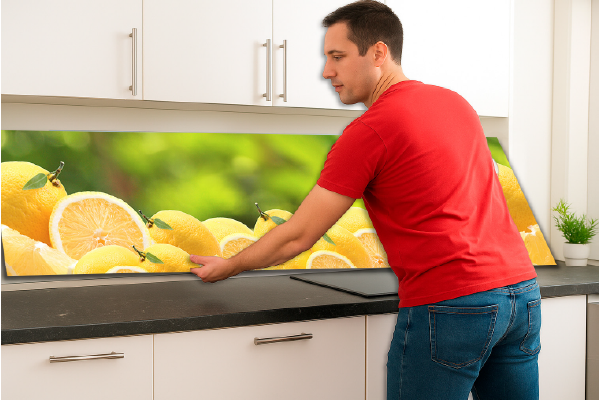 Mann installiert Küchenrückwand mit Zitronenmuster Ein Mann in rotem T-Shirt montiert eine Küchenrückwand, die mit einem Zitronenmotiv verziert ist.