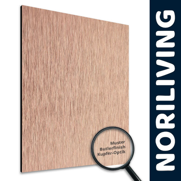 Nahaufnahme einer Musterplatte mit Butlerfinish in Kupfer-Optik, vorgestellt von Noriliving