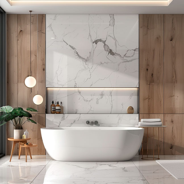 Elegantes Badezimmer mit großer, weißer freistehender Badewanne, hölzernen Wänden und Marmorböden, ergänzt durch dekorative Beleuchtung.
