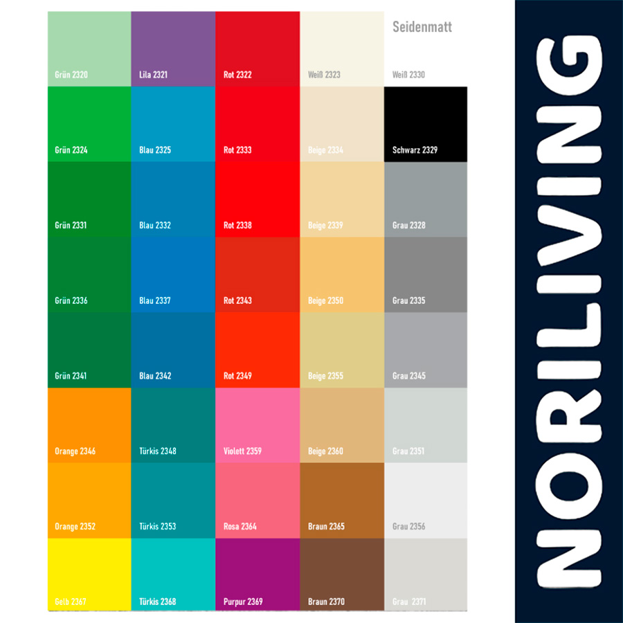 Farbpalette Noriliving Seidenmatt Farbpalette Noriliving mit 40 Farben in Seidenmatt, inklusive Rot, Grün, Blau und Beige.