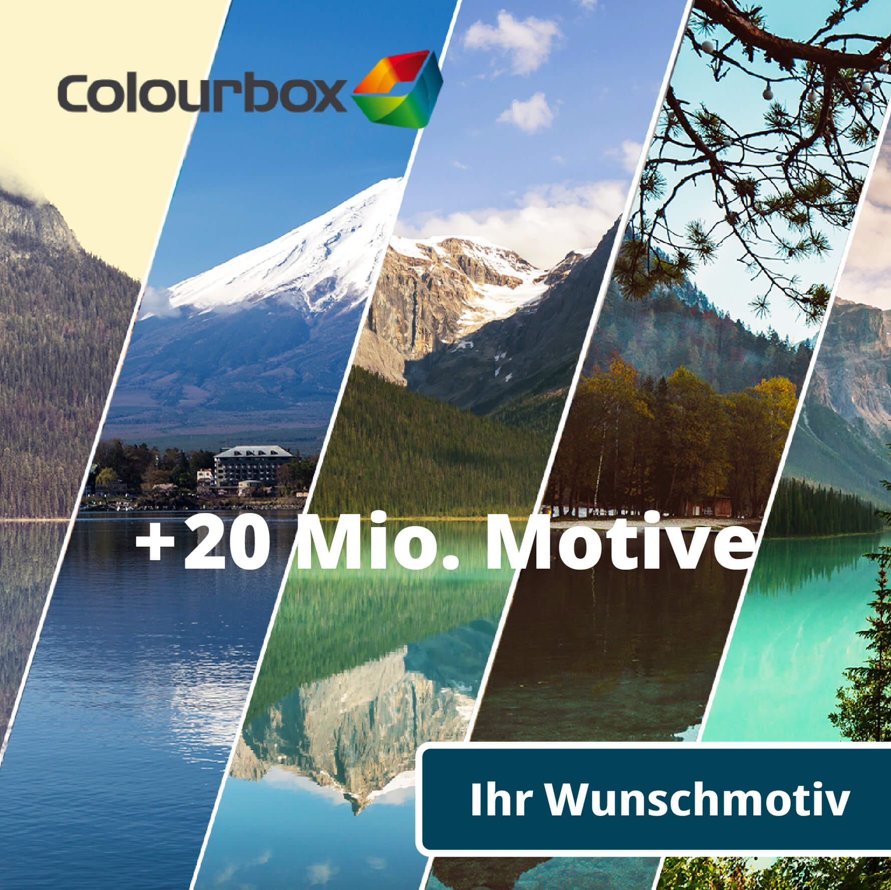 Vielfalt an Landschaftsbildern mit Colourbox - Über 20 Millionen Motive verfügbar Mehrere Landschaftsfotos, die Berge und Seen darstellen, mit dem Colourbox-Logo und dem Hinweis auf über 20 Millionen Motive