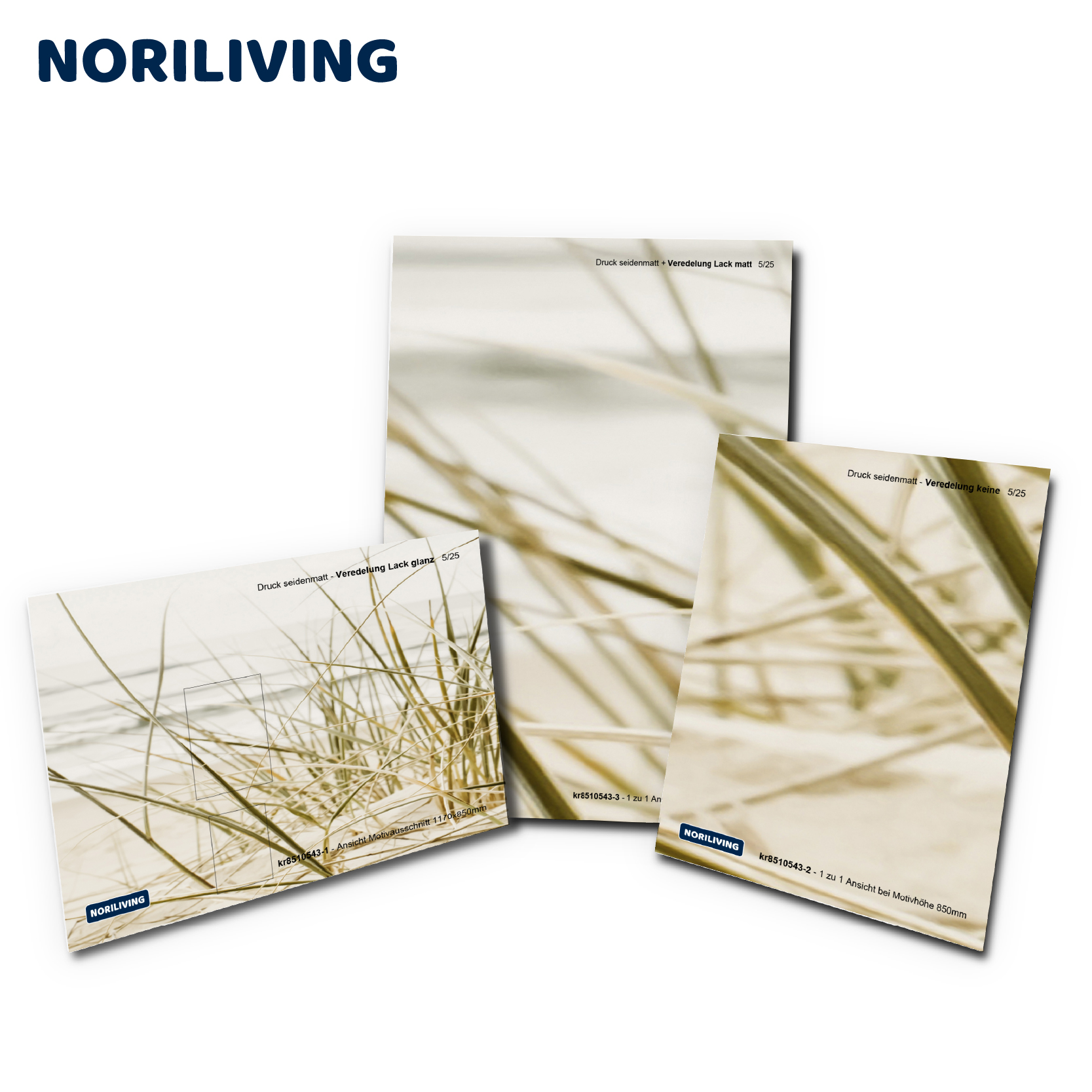Noriliving Kunstdrucke mit Grasmuster in verschiedenen Veredelungen Verschiedene noriliving Kunstdrucke mit seidenmattem Finish und Grasmuster