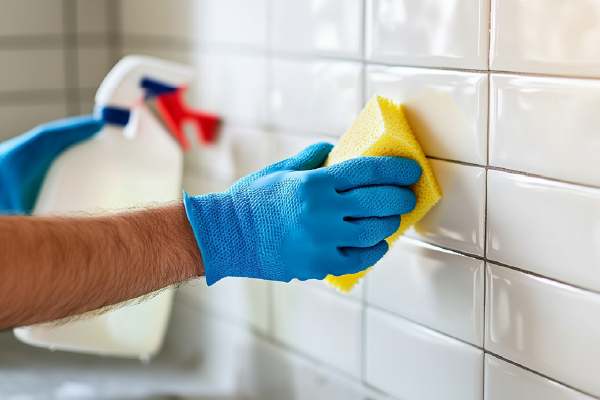 Effektives Reinigen von Fliesen mit Schwamm und Reinigungsmittel Hand in blauer Gummihandschuh reinigt Fliesen mit gelbem Schwamm und Sprühflasche im Hintergrund