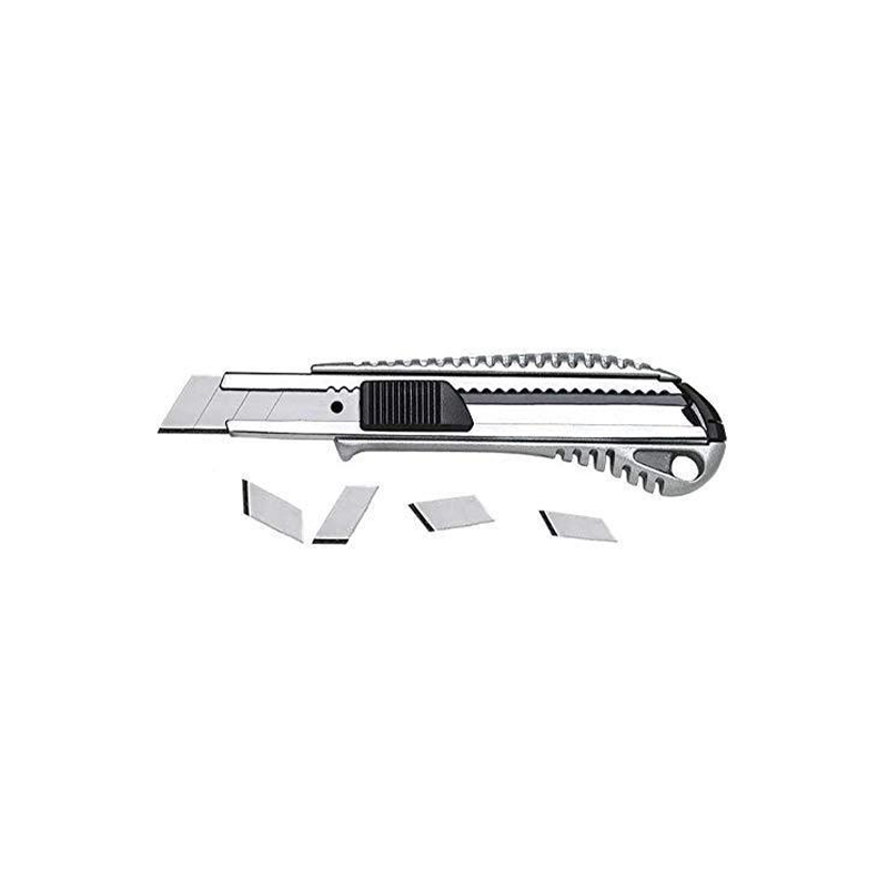 Universalmesser mit Ersatzklingen, ergonomischer Griff Silbernes Cutter-Messer mit schwarzen Akzenten und mehreren Ersatzklingen