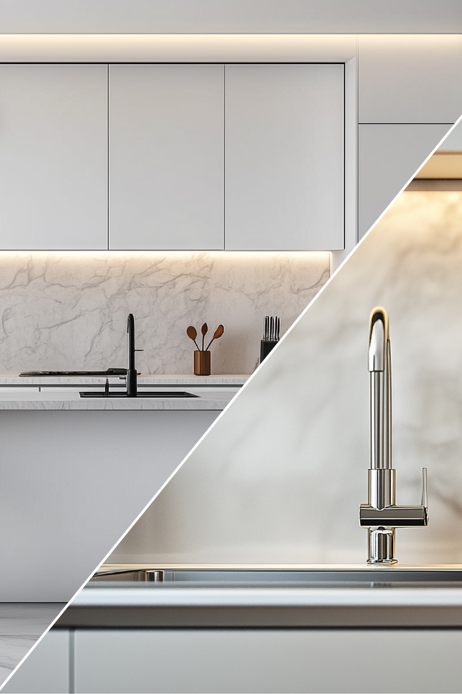 Moderne, weiße Küche mit Aluverbund-Rückwand in Marmoroptik und integrierter LED-Beleuchtung.