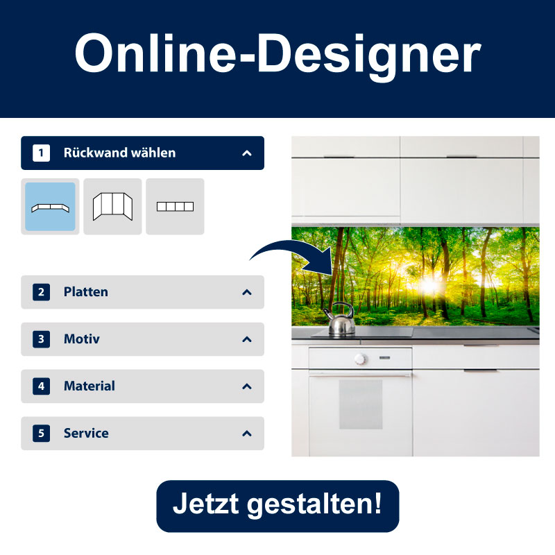 Screenshot des Online-Designers für Küchenrückwände mit Optionen wie Platten, Motiv und Material. Beispielmotiv zeigt einen Wald im Sonnenlicht.
