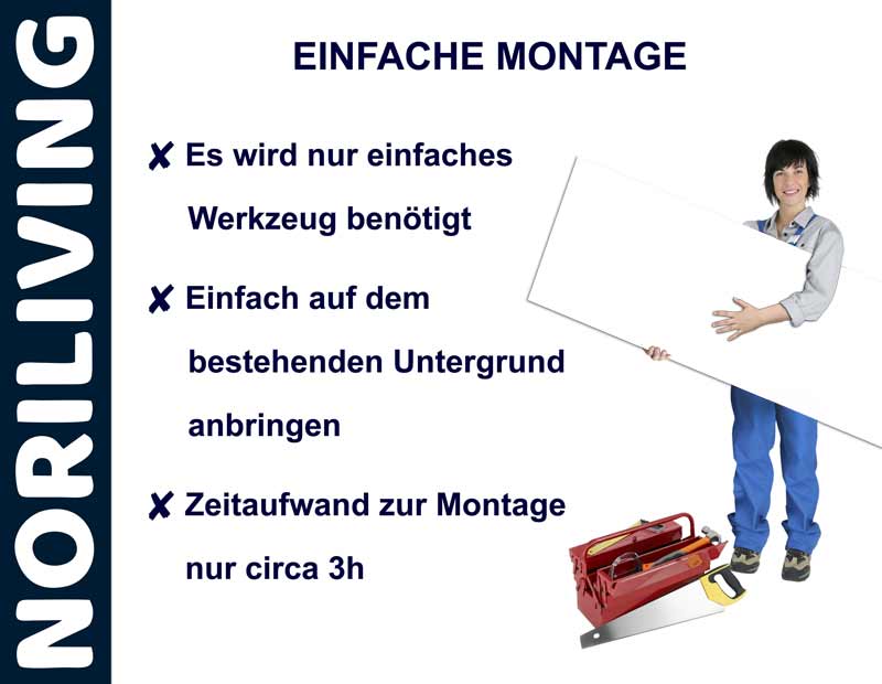 Einfache Montage mit Noriliving Produkten Frau mit Werkzeug und Tafeln; einfache Montageanleitung von Noriliving