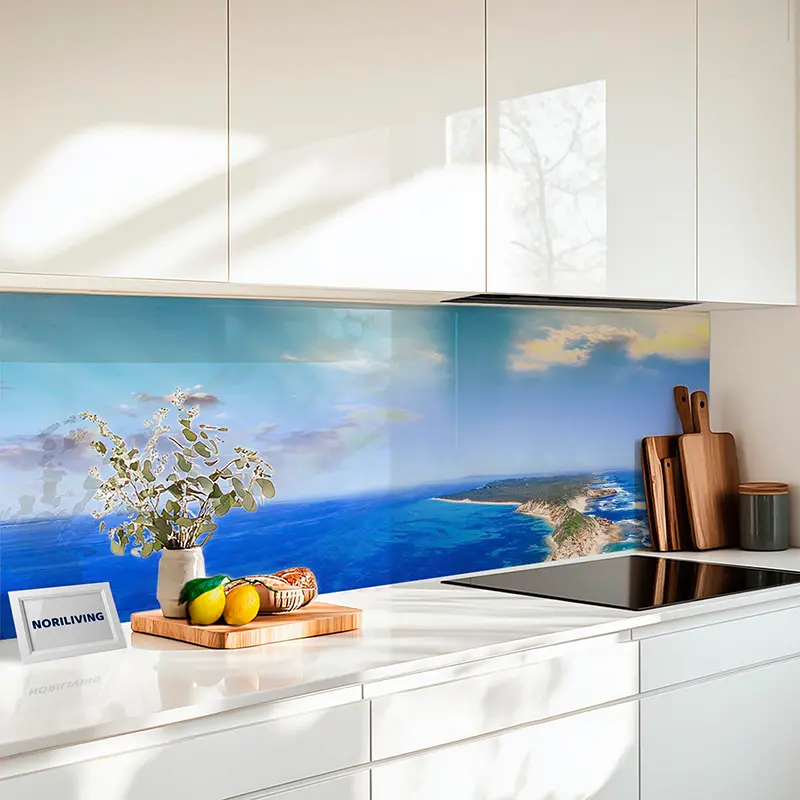 Fliesenspiegel Alu Panoramablick Luftaufnahme Küste mit türkisem Meer 914