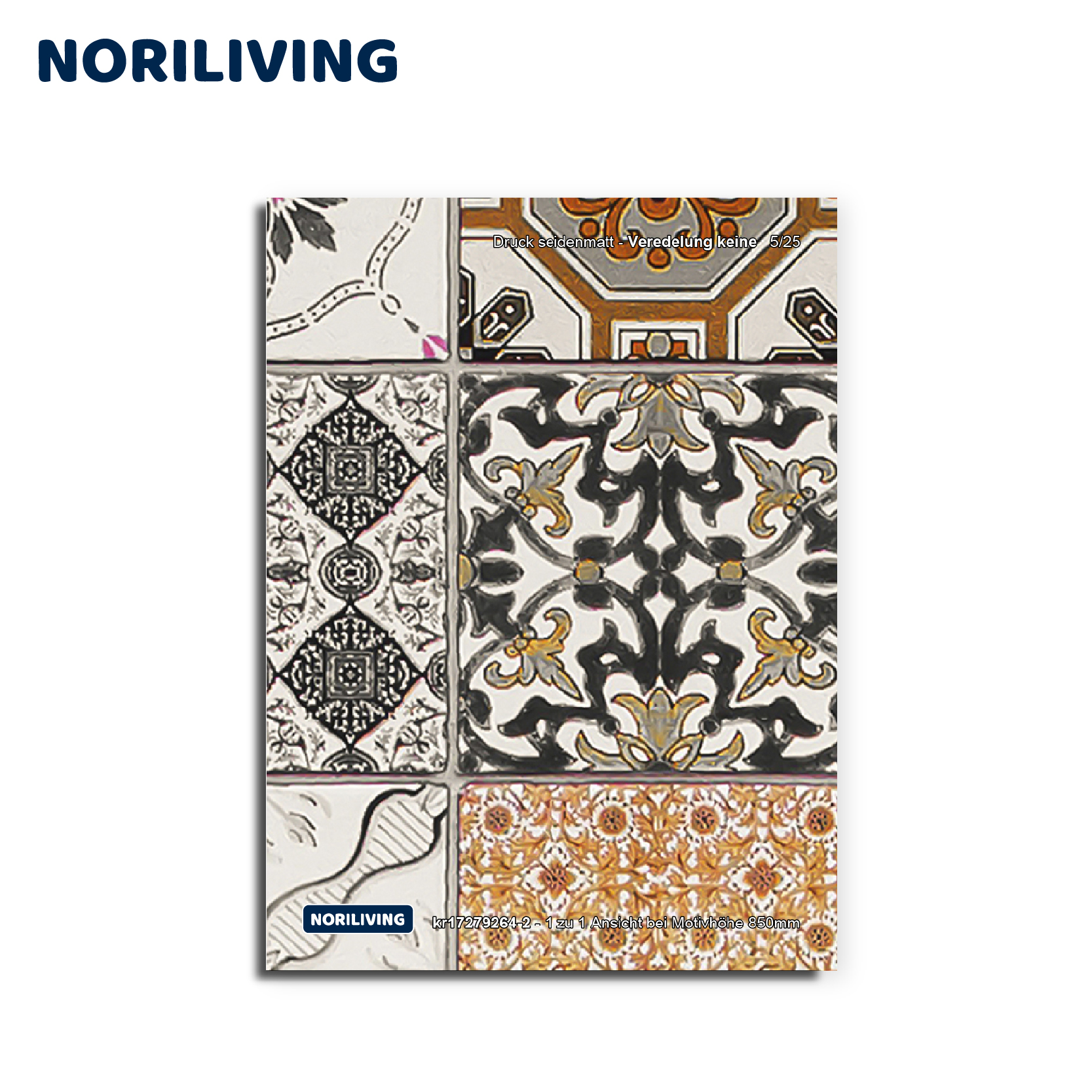 Dekorative Fliesen im Vintage-Stil mit unterschiedlichen Mustern Nahaufnahme von dekorativen Fliesen mit verschiedenen geometrischen und floralen Mustern in Schwarz, Weiß und Orange
