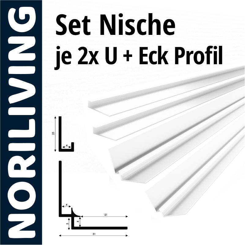 Weißes Nischen-Set bestehend aus zwei U-Profilen und einem Eckprofil von NORILIVING mit technischen Skizzen und Maßen.