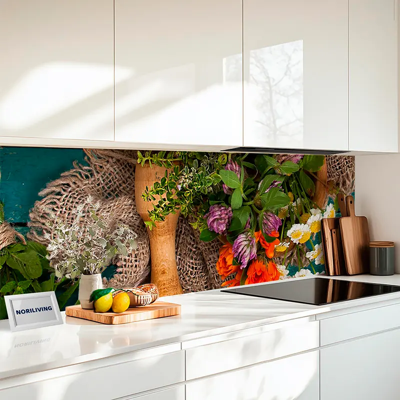 Küchenrückwand Echtglasoptik Profiline Bunte Kräuter und Blumen auf Holzbrett 321