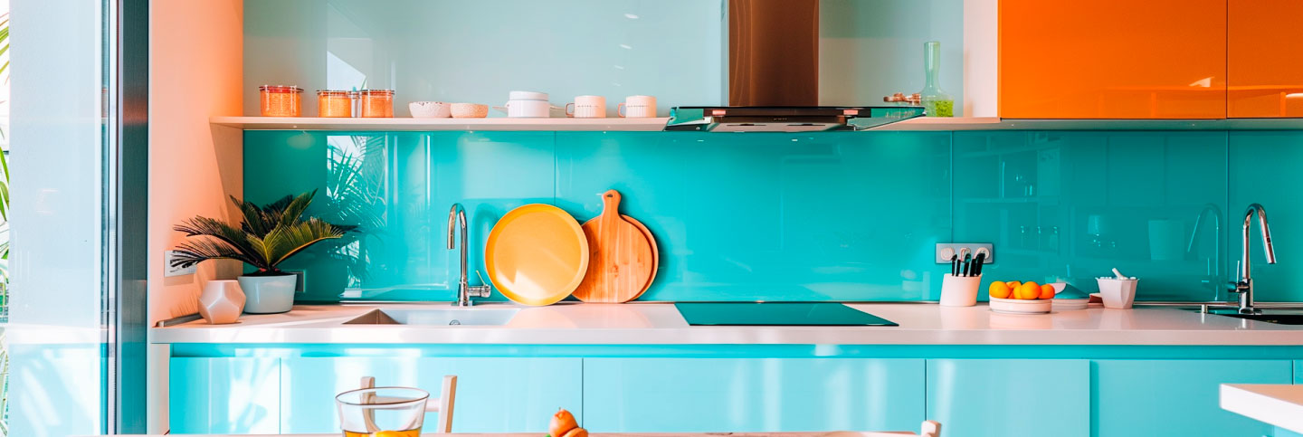 Moderne Küche mit buntem Design und funktionalen Elementen Eine moderne Küche mit türkisfarbenen Schränken, orangenen Hängeschränken, weißen Arbeitsflächen und verschiedenen Küchenutensilien.