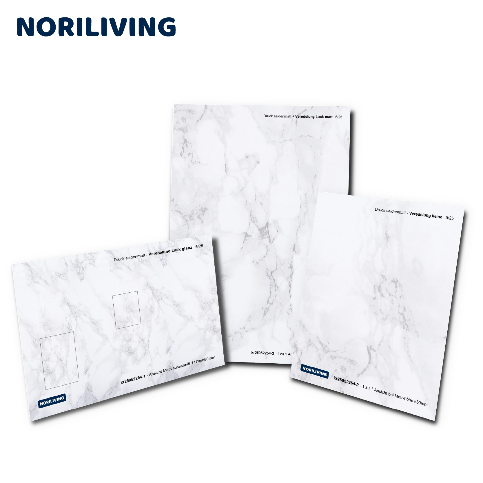 Set aus Papier mit Marmormuster - verschiedene Veredelungen Drei Papierbögen mit Marmormuster und unterschiedlichen Veredelungen von Noriliving