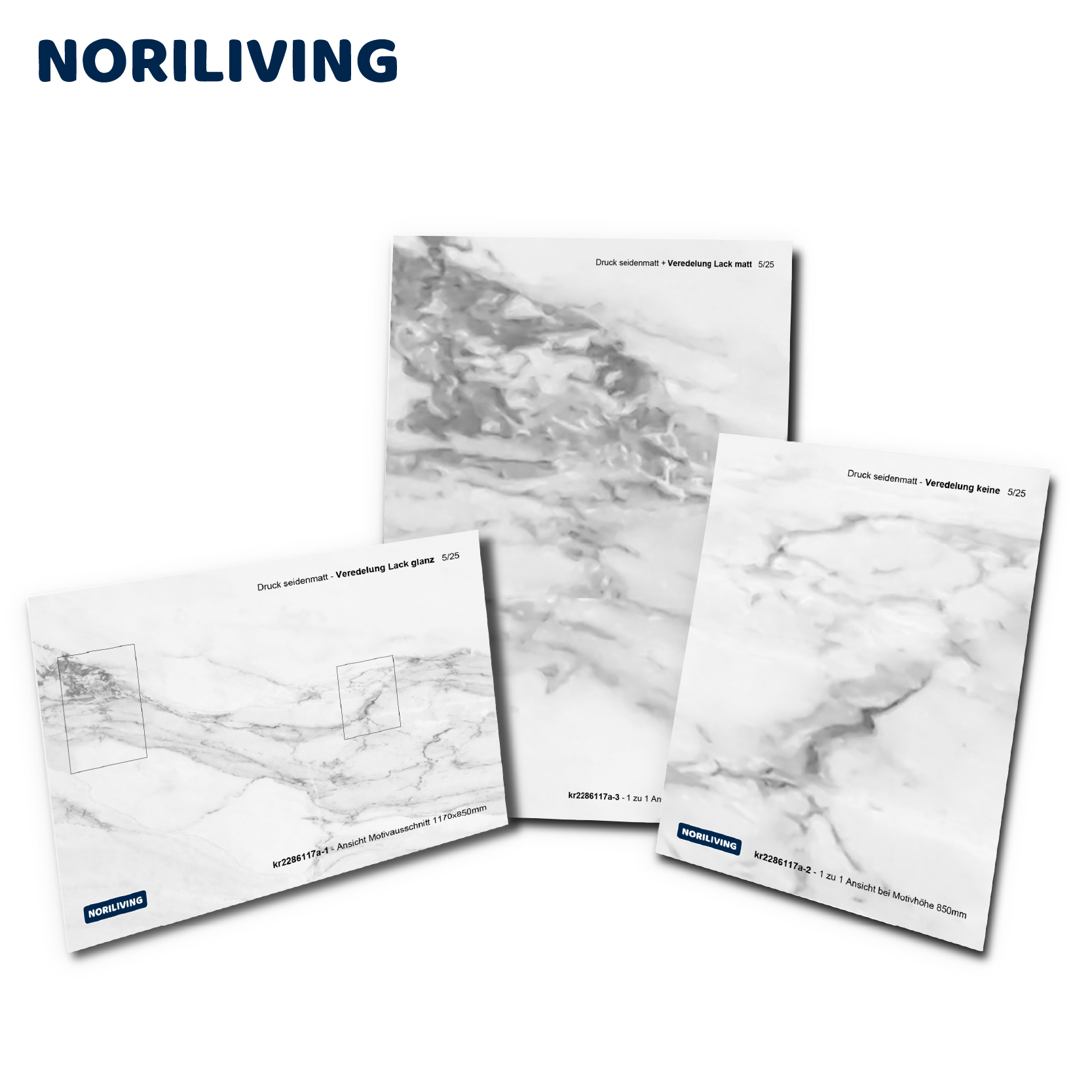 Noriliving Fliesenmuster in verschiedenen Veredelungen Drei Noriliving Fliesenmuster in seidenmattem Druck mit unterschiedlichen Veredelungen: Lack matt, Lack glanz und ohne Veredelung.